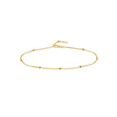 14k Yellow Gold Bead Station Rolo Chain Adjustable Anklet, 10"