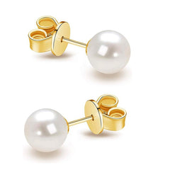 14K Real Yellow Gold 5-6mm White Near Round Freshwater Cultured Pearl Post Stud Earrings