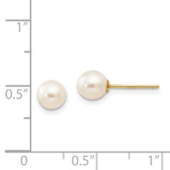 14K Real Yellow Gold 5-6mm White Near Round Freshwater Cultured Pearl Post Stud Earrings