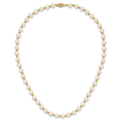 14K Real Yellow Gold 6-7mm White Near Round FW Cultured Pearl Bead Necklace