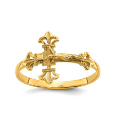 14K Real Yellow Gold Diamond Cut Crucifix Ring, Size 7