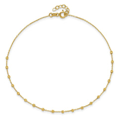 14k Yellow Gold Diamond-cut Beaded Charm Adjustable Anklet, 9 to 9.75 Inches