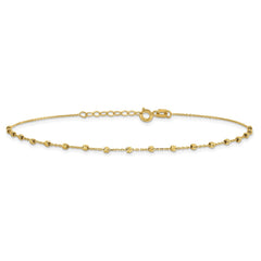 14k Yellow Gold Diamond-cut Beaded Charm Adjustable Anklet, 9 to 9.75 Inches