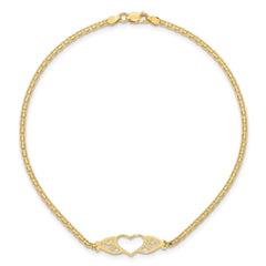 14k Real Yellow Gold High Polished Heart Charm Anklet, 10