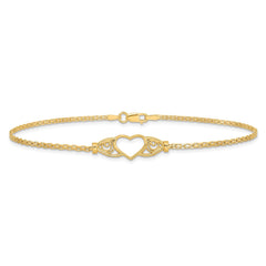14k Real Yellow Gold High Polished Heart Charm Anklet, 10