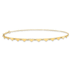 14K Real Yellow Gold Oval Link Chain with Hearts Anklet, 9-10 Inch Adjustable Length