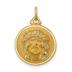 14k Real Yellow Gold Polished and Satin Small Round Jesus Medal Pendant, 0.5 Inch Diameter