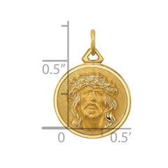 14k Real Yellow Gold Polished and Satin Small Round Jesus Medal Pendant, 0.5 Inch Diameter