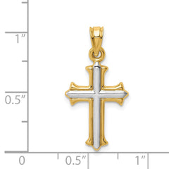 14k Real Yellow Gold with Rhodium Finisj Reversible Hollow Cross Pendant, 26x13mm