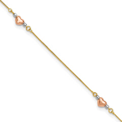 14k Tri-Color Gold Puffed Heart Charms Anklet, Adjustable 9 to 10