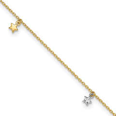 14K Two-tone Solid Gold High Polished Diamond Cut Star Charm Adjustable Anklet,10