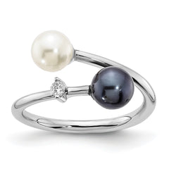 14K White Gold 6mm Black and White Pearl Diamond Adjustable Ring
