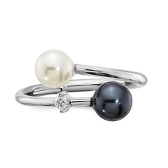 14K White Gold 6mm Black and White Pearl Diamond Adjustable Ring