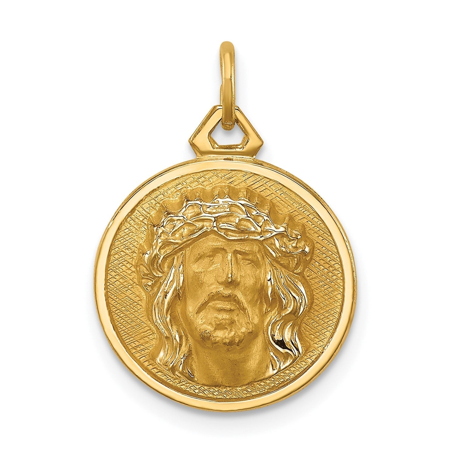 14k Real Yellow Gold Polished and Satin Small Round Jesus Medal Pendant, 0.5 Inch Diameter - JewelryAffairs