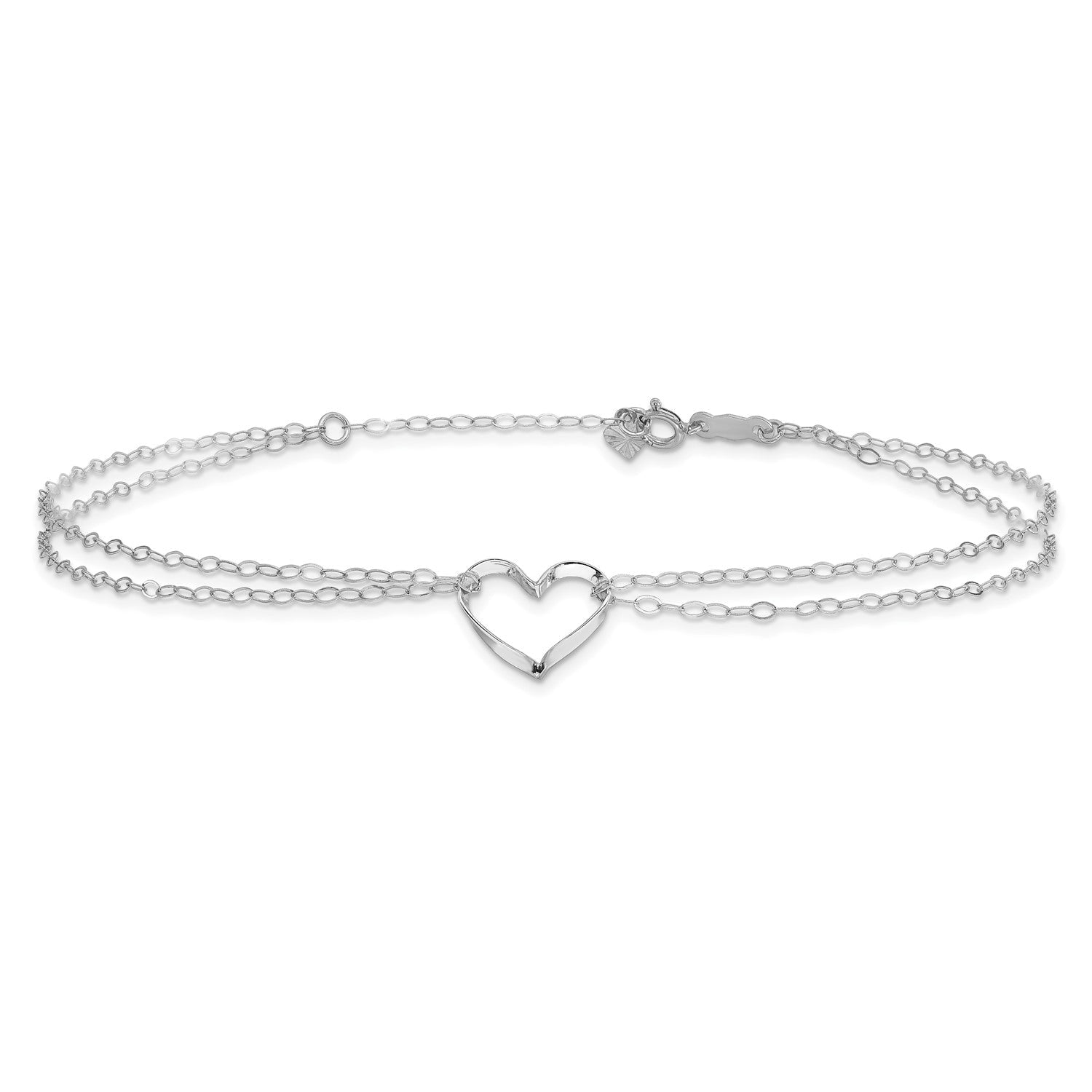 14k White Gold Double Heart Charm Adjustable Anklet, 9 to10 - JewelryAffairs