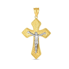 14K Yellow And White Gold Texture Jesus Cross Charm Pendant, 50x25mm - JewelryAffairs
