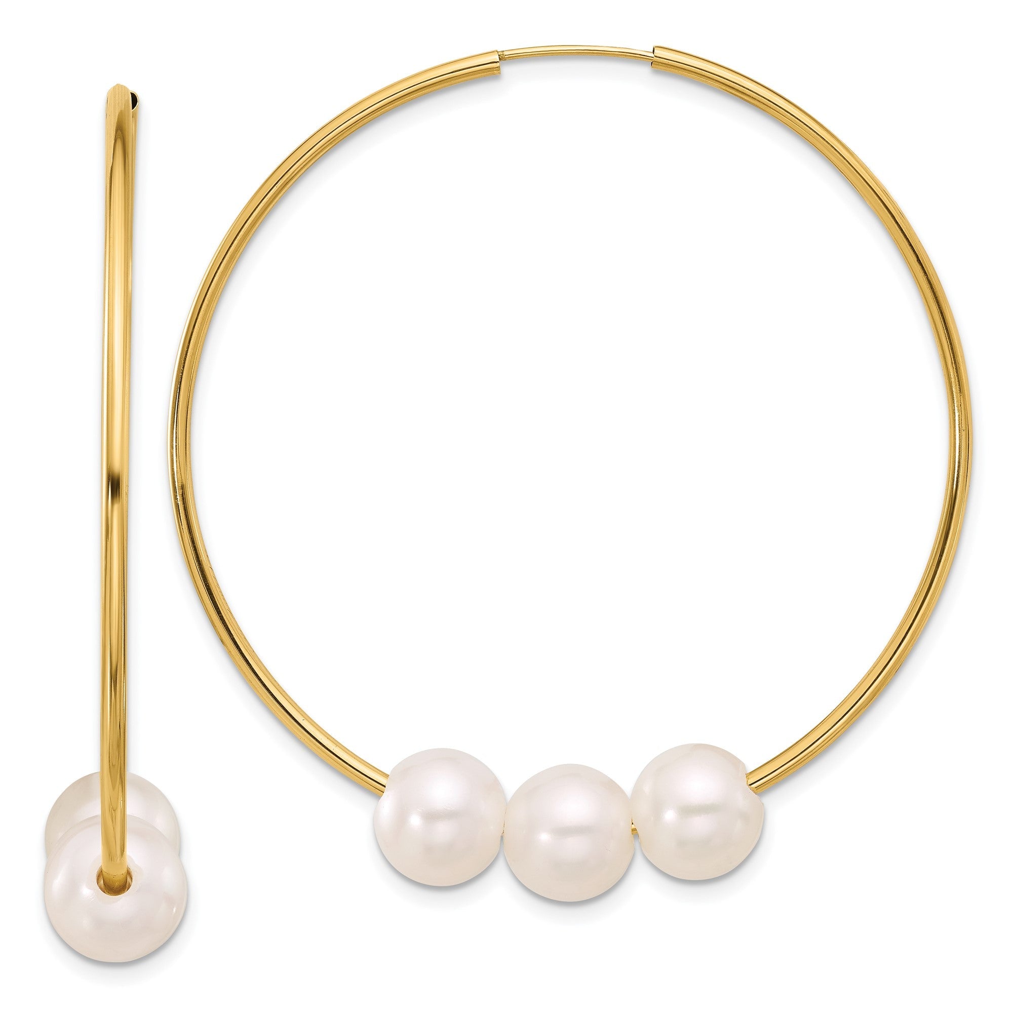 14K Yellow Gold Freshwater Pearl Hoop Earrings, 47mm