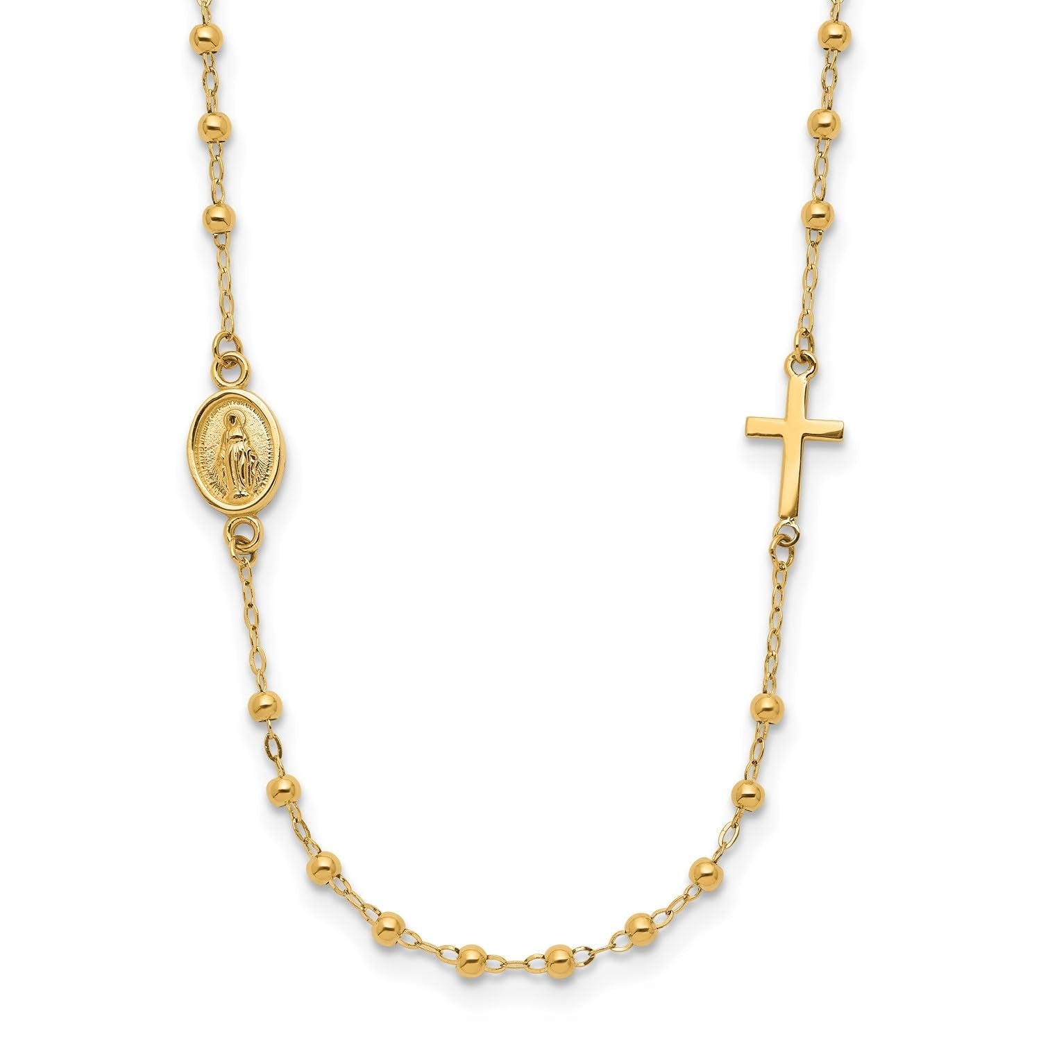 14K Yellow Gold Miraculous Medal and Cross Rosary Necklace, 16.5 Inches - JewelryAffairs