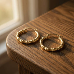 14k Yellow Gold Polished Bamboo Style Hoop Earrings, 17mm