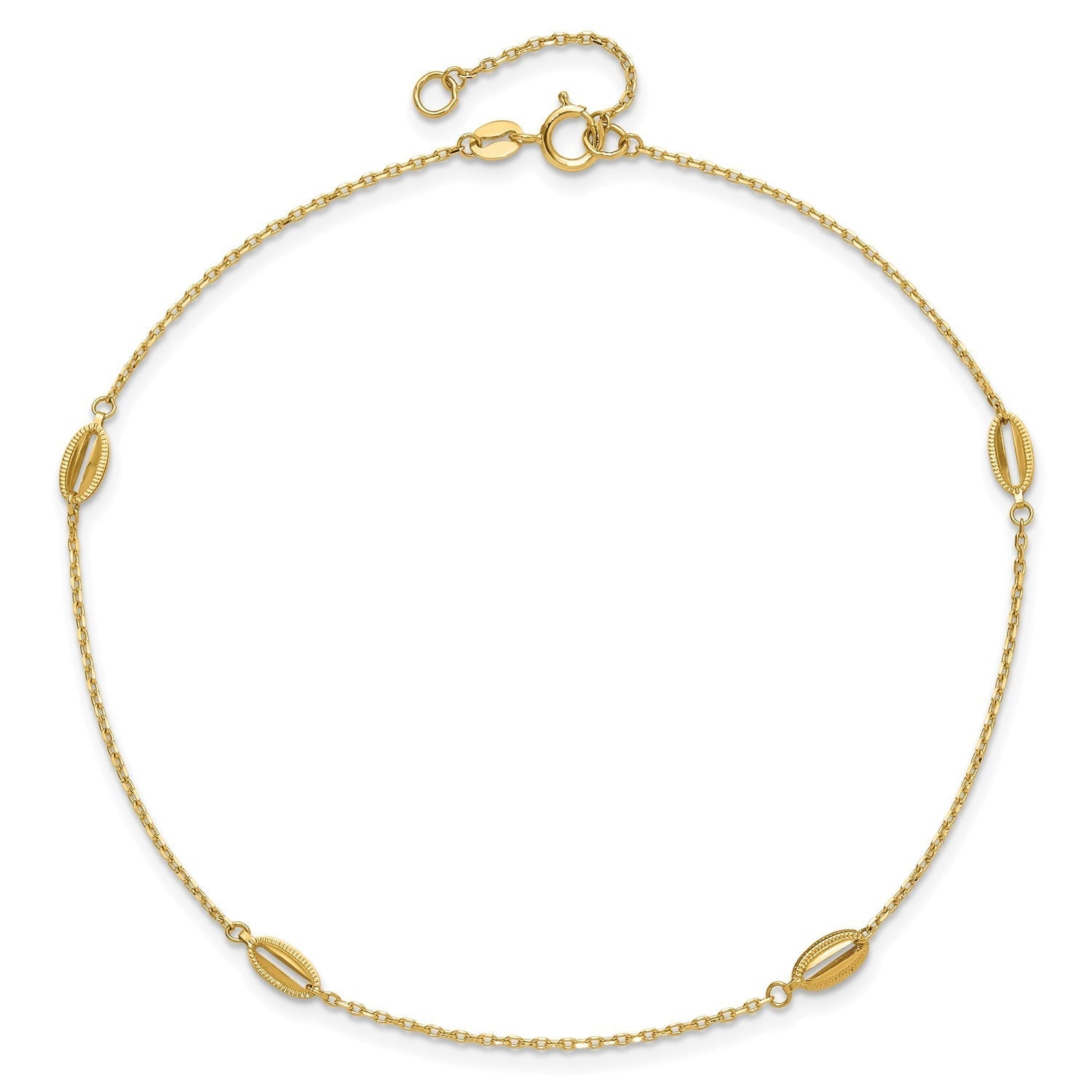 14K Yellow Gold Polished Oval Charm Anklet, 9 inch + 1 inch Extension - JewelryAffairs