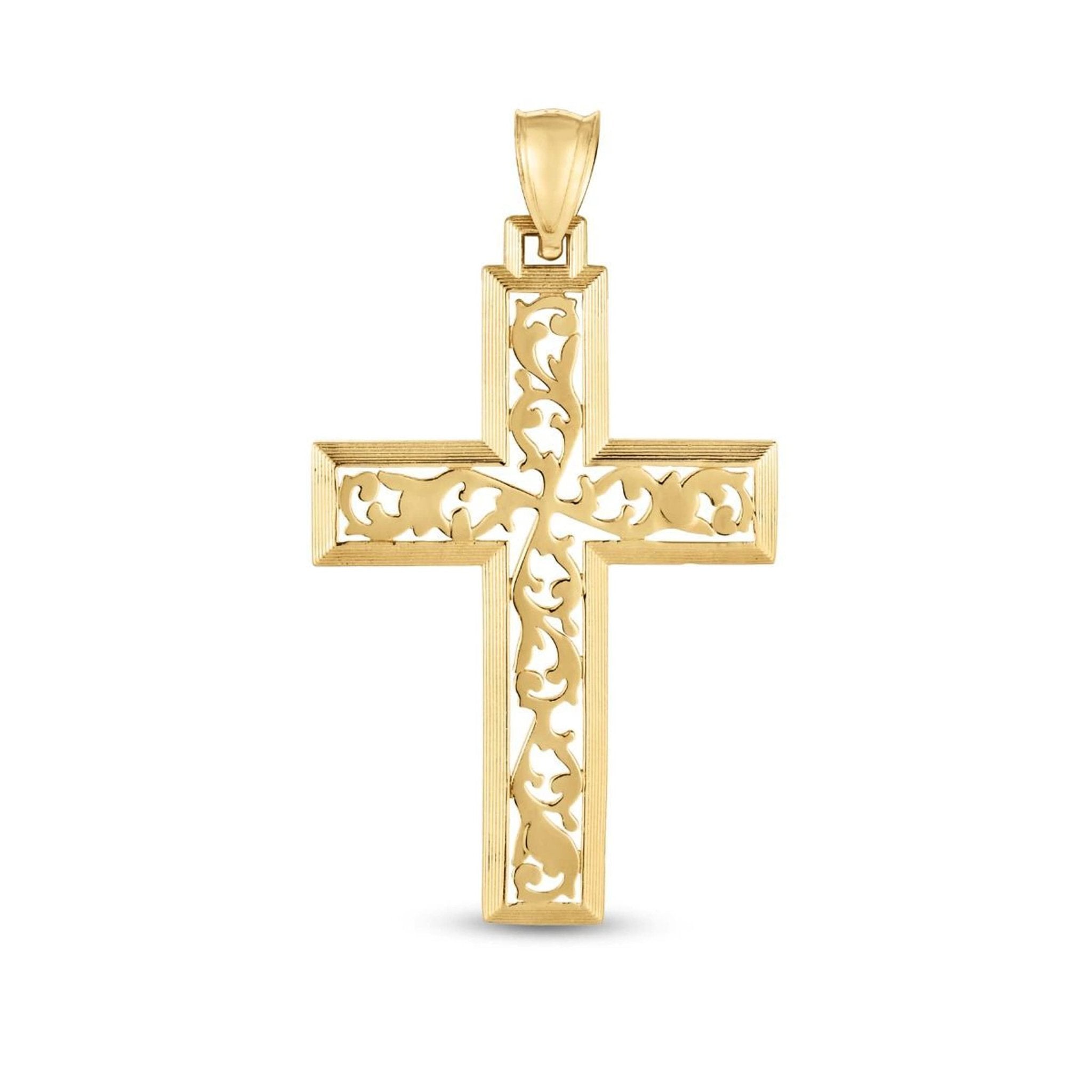 14K Yellow Gold Vine Cross Charm Pendant - JewelryAffairs