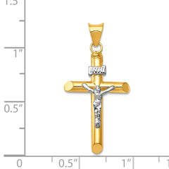 14k Yellow and White Real Gold Jesus Cross Charm Pendant, 35x15mm