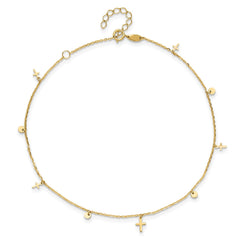 14K Yellow Gold Cross Charm Adjustable Anklet, 9-10 Inch