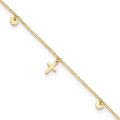 14K Yellow Gold Cross Charm Adjustable Anklet, 9-10 Inch
