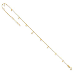 14K Yellow Gold Cross Charm Adjustable Anklet, 9-10 Inch