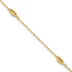 14K Yellow Gold Polished Oval Charm Anklet, 9 inch + 1 inch Extension