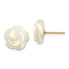 14k Yellow Real Gold Mother of Pearl Flower Stud Earrings, 10mm
