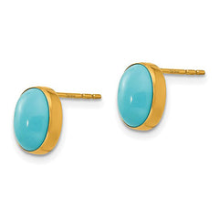 14K Real Yellow Gold Bezel Set Oval Turquoise Post Stud Earrings