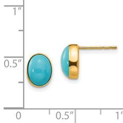 14K Real Yellow Gold Bezel Set Oval Turquoise Post Stud Earrings