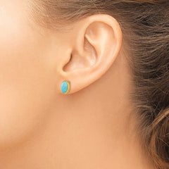 14K Real Yellow Gold Bezel Set Oval Turquoise Post Stud Earrings