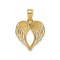 14k Yellow Gold Angel Wings Heart Pendant, 19x13mm