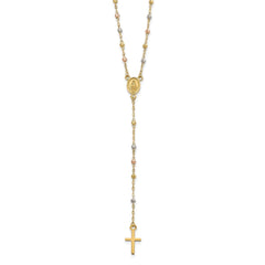 14k Tri-color Gold Beaded Rosary Cross Necklace, 17 to 20 Adjustable