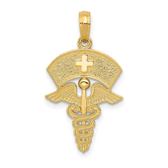 14k Yellow Gold Caduceus Registered Nurse Cap Pendant, 30x15mm
