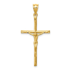 14K Real Solid Brushed Yellow Gold and Diamond Cut Crucifix Cross Pendant