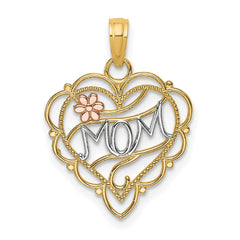 10K Two-Tone Real Solid Gold MOM Heart with Flower Charm Pendant