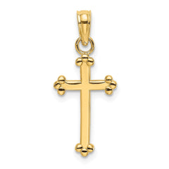 14k Real Yellow Gold High Polished Beaded Cross Pendant, 15x8mm