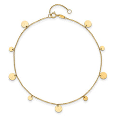 14K Real Solid Yellow Gold High Polished Circles Charm 9 to 10 Adjustable Anklet