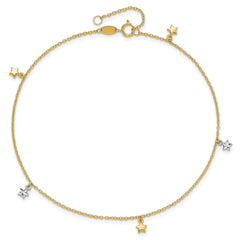 14K Two-tone Solid Gold High Polished Diamond Cut Star Charm Adjustable Anklet,10