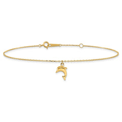 14k Yellow Gold Dolphin Charm Anklet, 9-10 Inch