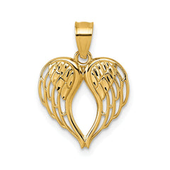14k Yellow Gold Angel Wings Heart Pendant, 19x13mm