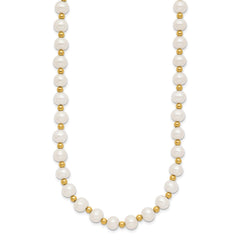 14K Real Yellow Gold 6-7mm White Near Round FW Cultured Pearl Bead Necklace