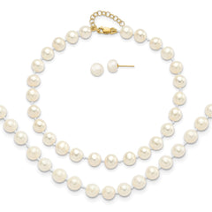 14k Yellow Gold 6-7mm Fresh Water Pearl Bracelet, Necklace and Earring Set