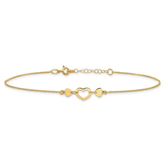 14k Solid Yellow Gold High Polished Heart Charm Adjustable Anklet, 10 to 10.75