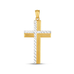 14K Yellow And White Gold Texture Cross Charm Pendant