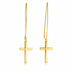14K Yellow Gold Hanging Cross Charm Earrings