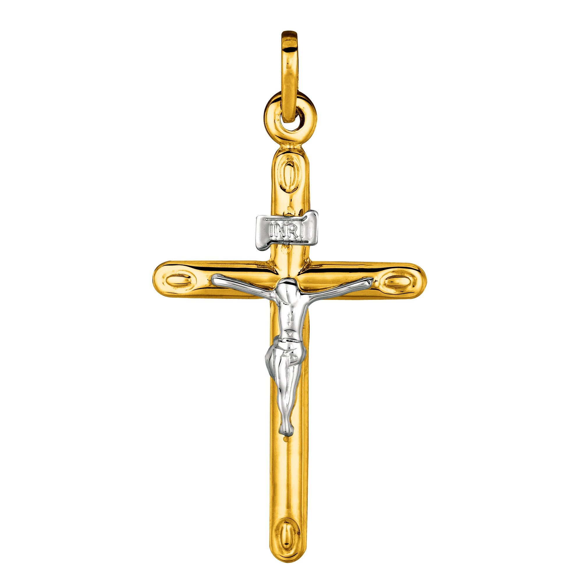 14k 2 Tone Gold Round Tube Crucifix Pendant fine designer jewelry for men and women
